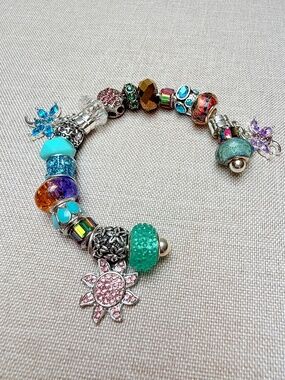 Beaded Pandora Style Charm Bracelet NOT Sterling Silver